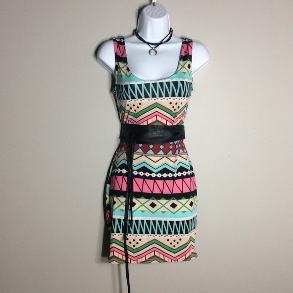 🎀 4PC BOHO CHIC TEAL MINI DRESS FRINGE TRIBAL BELT NECKLACE BOHEMIAN BUNDLE SET - Picture 2 of 8